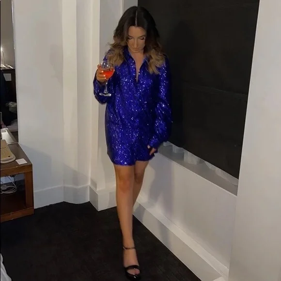 Sequin dress shirt collar button top night out party dresses royal blue - Picture 4 of 8